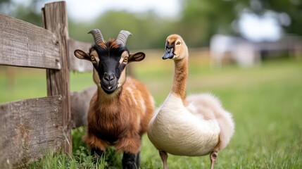 Poster - A brown goat with black markings and spiral horns stands near a wooden fence next to a tan goose with light brown feathers in a grassy rural setting on a sunny day