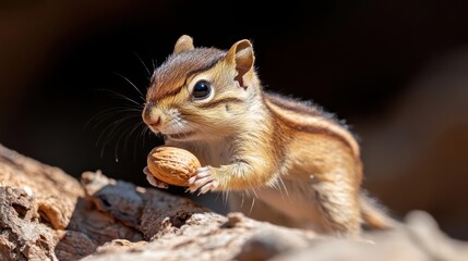 Poster - Close-up shot of a golden-mantled ground squirrel perched on a log, holding a nut. It features striking details with focus on the animal's fur and expression, set against a blurred dark background