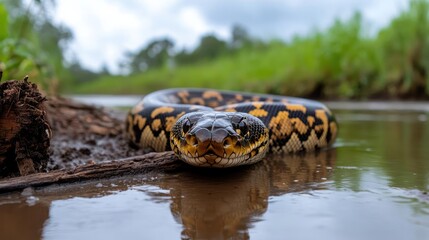 Poster - Detailed close up shot of a black and yellow python in shallow water, with green foliage in the background. The reptile is the main focus, its skin showcasing unique scale patterns