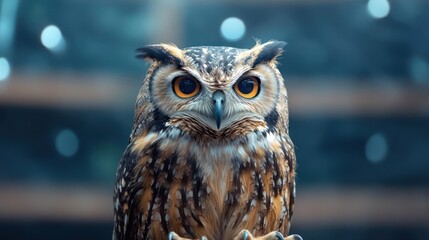 Aufkleber - Detailed portrait of an owl with striking orange eyes and textured brown and white feathers. The background features soft, out-of-focus bokeh lights, enhancing the focus on the owl's intense gaze and