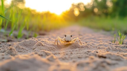Leinwandbilder - A low-angle, detailed shot of a mottled brown insect atop a sandy mound, facing the camera directly. The background features green vegetation, a sandy path, and a blurred golden sunset adding warmth
