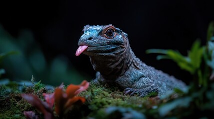 Poster - Close-up shot of a reptile sticking its tongue out, perched on green moss amidst lush foliage. Dark background with vibrant red leaves adds a striking contrast, enhancing the reptile's textured skin