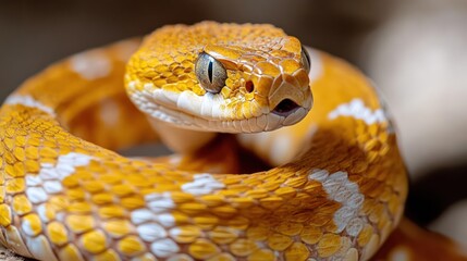 Poster - Detailed close-up of a vibrant yellow and white snake coiled against a blurred background, showcasing its scales, patterned skin, and focused gaze, highlighting its natural habitat and predatory