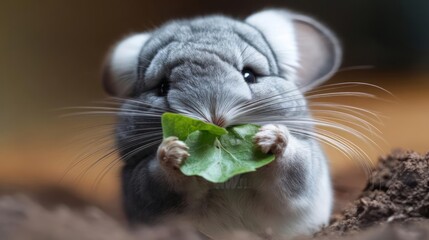 Aufkleber - Close up of a gray chinchilla eating a vibrant green leaf, its tiny paws holding the snack. The background is soft and blurred, highlighting the animal's cute features