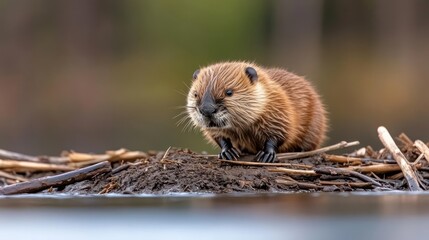 Poster - A small brown beaver perched on a mound of mud and sticks, with a blurred background of green and brown. The beaver is wet and glistening, reflecting the soft lighting. The water is calm and reflects