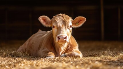 Poster - A light brown calf peacefully rests on golden straw indoors. The calf, centered, is illuminated by a warm light, highlighting its soft features against the dark wooden background. Its calm expression