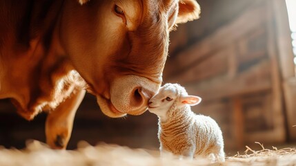 Poster - Close up shot featuring a tan cow gently nuzzling a white lamb in a rustic barn. Soft, warm lighting illuminates the scene, creating a tender, intimate moment between the animals. The barn's wooden
