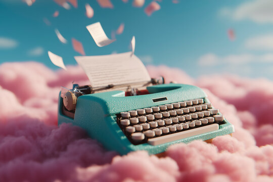 Vintage Typewriter on Pink Clouds: A Dreamy Scene of Inspiration and Creativity - World Book Day