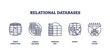 © VectorMine - Relational databases use icons like tables, keys, and queries to represent data structure and management, transparent background. Outline icons set.