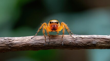 Poster - Close up shot of a vibrant orange jumping spider perched on a slender branch against blurred green foliage. The spider's distinctive eyes and hairy legs are clearly visible. The image captures a