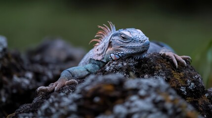 Aufkleber - Macro shot of a green iguana sitting atop mossy rocks, bathed in soft lighting. The lizard's detailed scales and the texture of the rocks are sharply focused against a blurred dark green background
