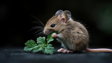 Poster - A detailed close-up captures a tiny brown mouse, its fur finely detailed, perched on a dark surface. It clutches a vibrant green leaf, set against a shadowy, blurred background that emphasizes the