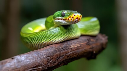 Aufkleber - A vibrant green snake coils on a dark branch against a blurred green background. Its yellow and red face is prominently displayed, showcasing its scales and texture. The image captures the reptile's