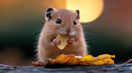 Poster - A small brown harvest mouse sits perched on a damp log, holding a yellow leaf, its paws clasped around it as if eating against a bokeh background of blurred greens and oranges in soft light
