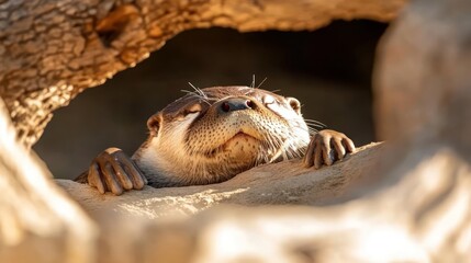 Poster - Close-up shot of a brown otter resting in a sandy burrow. The otter's face is visible with textured fur and whiskers, under warm natural sunlight. The surrounding sand appears coarse and light