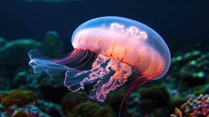 Poster - Detailed studio shot capturing a vibrant jellyfish with pink and blue hues swimming in the ocean, surrounded by coral reefs and illuminated by natural sunlight. The jellyfish features flowing