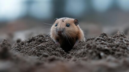 Poster - A focused medium shot features a brown field mouse emerging from a mound of soil with droplets of water spraying from its face. The background is intentionally blurred