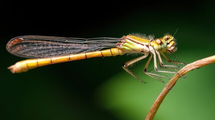 Poster - Close-up of a colorful damselfly with yellow, green, and brown markings perched on a slender twig against a blurred green background. The insect's delicate wings are spread, showcasing their