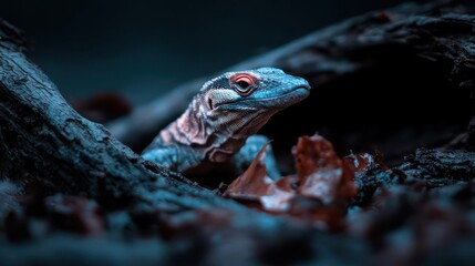 Poster - Macro image of a lizard head with red eyes amidst a blurry background of tree branches and fallen leaves. The lizard's scales are visible and detailed, enhancing its appearance
