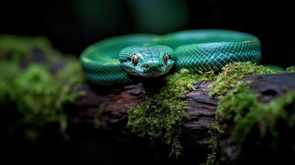 Aufkleber - A vibrant green pit viper rests on a moss covered branch, its scales intricately patterned, under dramatic lighting. The snake's gaze is intense, set against a dark, out-of-focus background