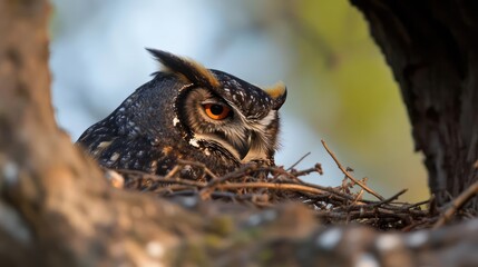 Aufkleber - Close up of an owl sitting in its nest. The owl is looking directly at the viewer with its bright orange eyes. The nest is made of twigs and leaves, and the background is blurred with warm hues