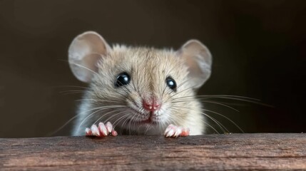Poster - Close up on a small brown mouse with big ears and eyes resting its paws on wood, captured in sharp focus against a blurred background. The mouse has a curious expression, with whiskers and tiny claws