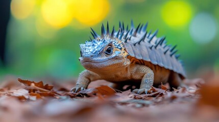 Aufkleber - Close-up shot of an armadillo girdled lizard on fallen leaves with a blurred background of green and yellow bokeh lights, capturing its unique armor and texture in a natural setting with shallow