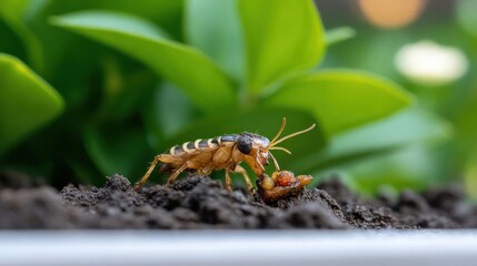 Poster - Close-up of a brown and black insect with intricate patterns, standing on dark soil. Green leaves provide a blurred background, highlighting the bug's texture and detail in natural light