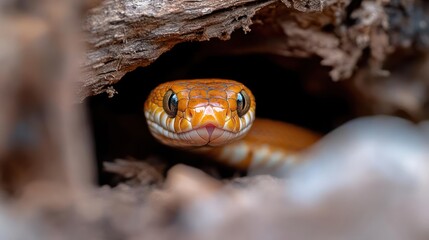 Poster - Close-up shot of an orange snake with patterned skin, peering out from a wooden hollow. The snake's head is prominently centered, showcasing its scales, eyes, and distinctive facial features