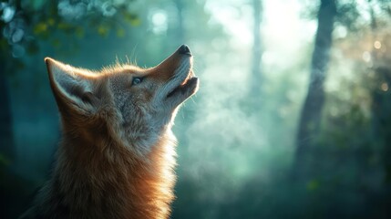 Poster - A low angle shot of a red fox looking up with bright morning sunlight shining through the trees in the background, creating a dreamy and ethereal atmosphere in a green forest