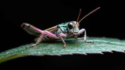 Poster - Close-up of a grasshopper with a metallic green head and pink legs, perched on a green leaf against a dark background. The insect is in focus, highlighting its intricate details and textures