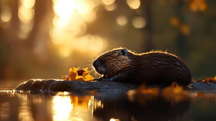 Poster - A serene view of a wild beaver sitting on a rock in calm water during sunset, with golden sunlight reflecting on water surface and autumn leaves scattered around, creating a tranquil scene in nature