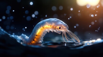 Poster - Close-up shot of a glowing jellyfish in dark water. The jellyfish has a translucent body with an orange glow. Bubbles and bokeh create a magical and surreal underwater ambiance