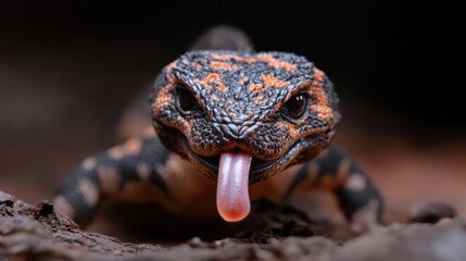 Aufkleber - Close up shot of a reptile with tongue sticking out. It has a black and orange pattern skin. The background is a dark, blurred out, and the ground in front of the reptile is soil or rock