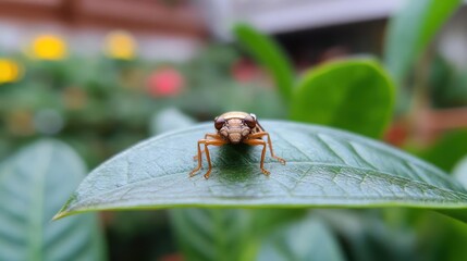 Poster - A close-up captures a small, brown insect with intricate patterns on its body, resting atop a vibrant green leaf. The background is softly blurred, showcasing colorful flowers, creating a natural
