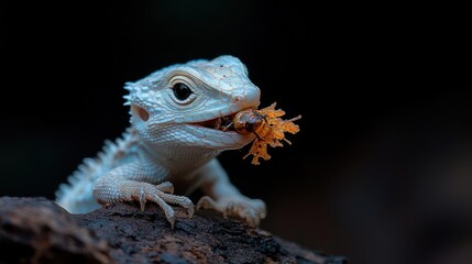 Poster - Close-up of a small, light-colored reptile perched on a textured branch, eating a cluster of small orange flowers against a dark background. The reptile's scales and features are sharply detailed in