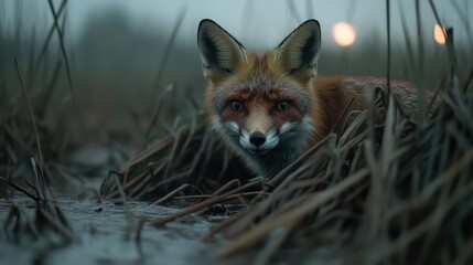 Poster - A striking close-up captures a red fox amidst blades of grass, its fur dusted with a snowy texture, set against a misty background with blurred bokeh lights. The fox's intense gaze draws the viewer