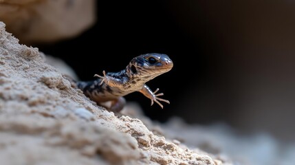 Aufkleber - A close-up, eye-level shot captures a small, spotted newt emerging from a sandy burrow. The newt's mottled pattern contrasts with the coarse, light-colored sand, set against a blurred background of