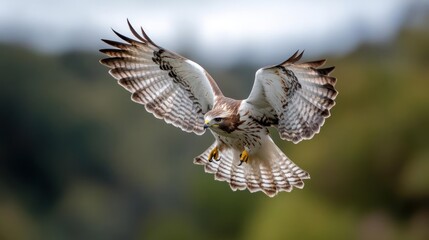Aufkleber - A majestic hawk with patterned plumage soars, wings fully extended, against a soft green bokeh background. Its sharp talons and focused gaze highlight its predatory nature in a natural setting