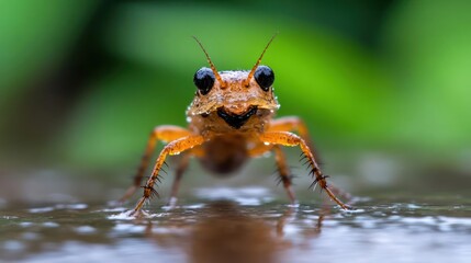 Poster - Close up shot of a small insect with an orange exoskeleton covered in water droplets, standing on a wet surface. The background is blurred green foliage, emphasizing the insect's detailed features