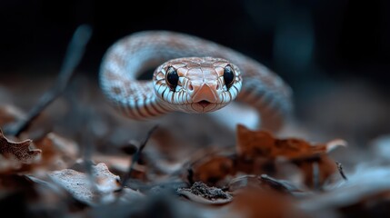 Aufkleber - Dramatic close-up featuring a light brown snake with striking black eyes, coiled among fallen leaves. The shallow depth of field throws the dark background into a soft blur, accentuating the snake's