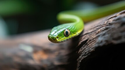 Poster - Captivating close-up of a vibrant green snake coiled on a textured brown branch, set against a soft-focus green background. The snake's eye is in sharp focus, highlighting its detailed scales and