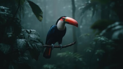 Poster - A vividly colored toucan perched on a branch, framed by the dense, misty foliage of a tropical rainforest. The bird's distinct bill contrasts beautifully against the lush greens and subdued lighting