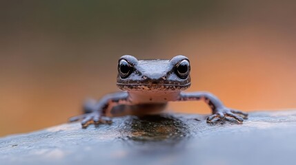 Poster - A close-up shot showcasing a small amphibian with speckled skin, focused black eyes, and a wet appearance, against a blurred background of brown and tan colors. The amphibian is positioned on a