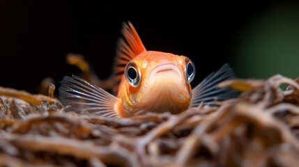 Poster - A macro shot features a vibrant orange fish with translucent fins, peering out from a bed of brown organic material, set against a blurred dark background. The lighting highlights the fish's delicate