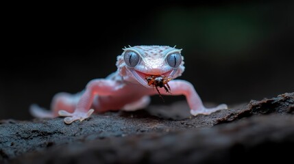 Poster - Close-up captures a smiling gecko with light pink skin eating an insect on a dark, textured surface against a blurred, dark green and black background. The gecko's large eyes and distinctive scales
