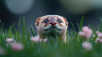Aufkleber - Low-angle closeup shot of a small weasel peaking from grass and pink blossoms under diffused sunlight. Weasel's gaze meets the viewer, light and bokeh creates a dreamlike atmosphere