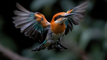 Poster - Striking close-up captures a bird in mid-flight, wings fully extended showing vibrant orange feathers on its chest, black mask around its eyes, and blue accents beneath its wings, set against a
