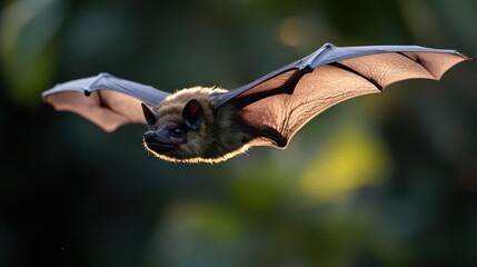 Aufkleber - A detailed close up captures a brown bat in mid flight, wings spread against a blurred green background. Illuminated by a golden glow, the bat's features are sharp, highlighting its dark eyes and