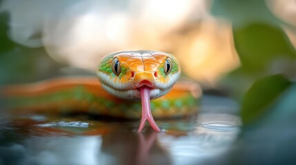 Poster - Macro shot of an orange and green snake with its tongue sticking out. The snake is positioned in front of a blurred background of green leaves, with its body reflected in the wet foreground, creating